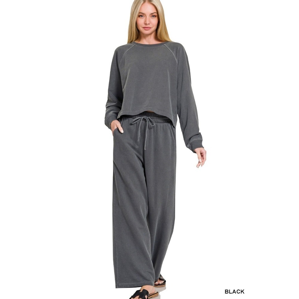 Zenana Washed F/terry Round Neck Pullover & Pants Set - Black - Small